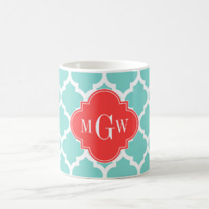 Caneca De Café Aqua Moroccan #5 Coral Vermelho 3 Monograma Inicia