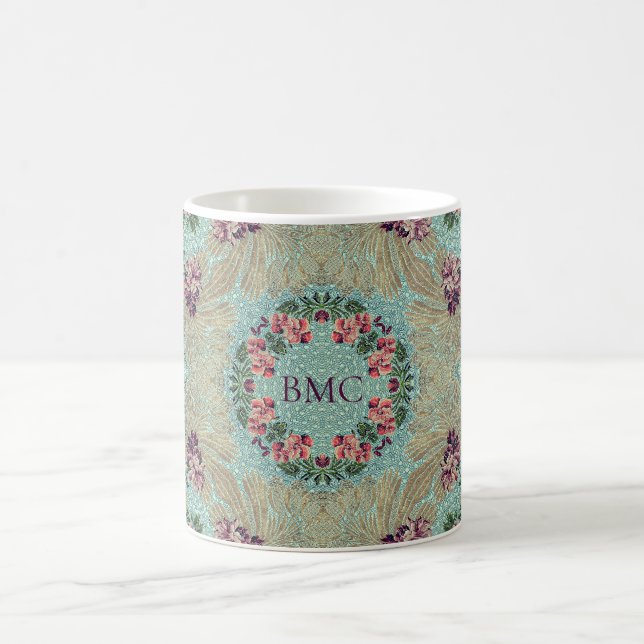 Caneca De Café Aqua Purple Pink Floral Faux Lampas Brocade (Centro)