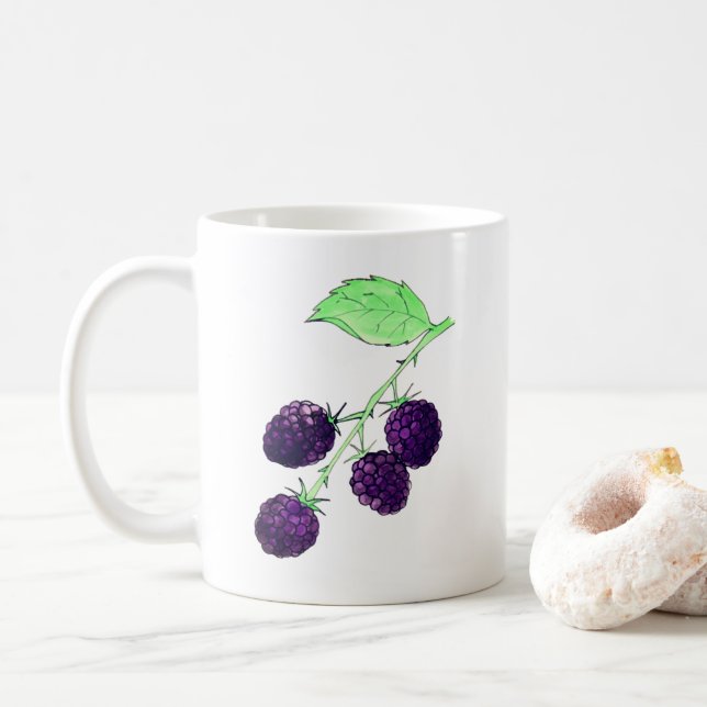 Caneca De Café Aquarela Amora Preta Botânica Roxa (Com Donut)