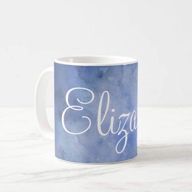 Caneca De Café Aquarela Azul e Branco Personalizada (Frente Esquerda)