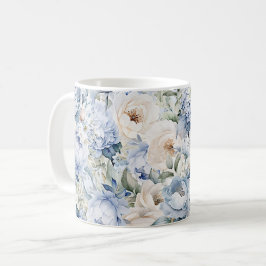 Caneca De Café Aquarela Azul Empoeirada Flores de Marfim Folhas R