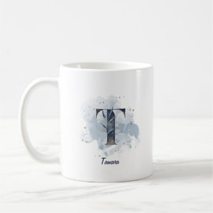 Caneca De Café Aquarela Azul Letra Inicial T Nome Personalizado
