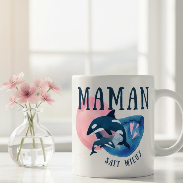 Caneca de Café Aquarela Baleia Orca Mãe 'Maman Sai (Criador carregado)