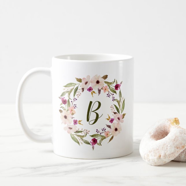 Caneca De Café Aquarela Bohemian Floral Wreath Monograma Mug (Com Donut)