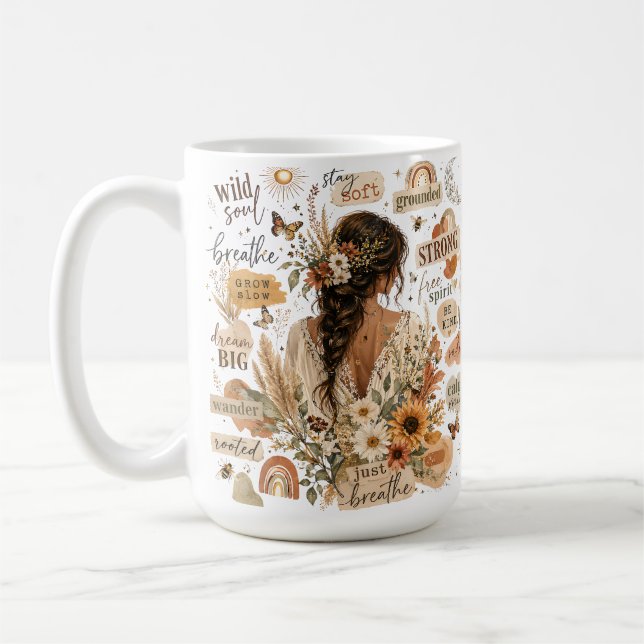 Caneca De Café Aquarela boho chic de afirmação floral edificante (Esquerda)