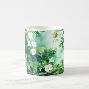 Caneca De Café Aquarela Botânica Flores Brancas Folhas Verdes
