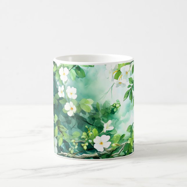 Caneca De Café Aquarela Botânica Flores Brancas Folhas Verdes (Centro)