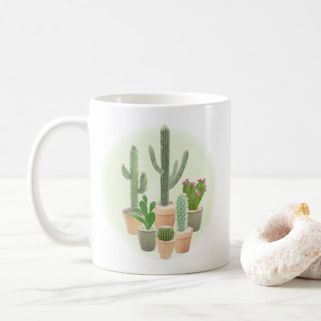 Caneca De Café Aquarela Cactus Cactos Plantas Potentes Succulante (Com Donut)