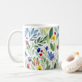 Caneca De Café Aquarela Campo de Flores Silvestres Arte Azul e Am