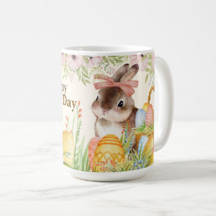 Caneca De Café Aquarela Coelhinho Floral com Laço de Feliz Dia de