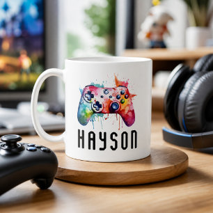 Caneca De Café Aquarela Controle de Jogo Colorido Nome de Criança