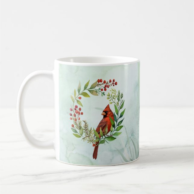 Caneca De Café Aquarela Coroa de Natal com Pássaro Cardinal Verme (Esquerda)
