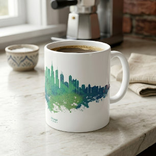 Caneca De Café Aquarela da Silhueta de Chicago Azul Verde Arte Ur