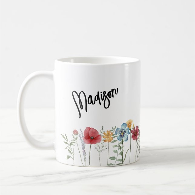 Caneca De Café Aquarela de Flores Silvestres Pintadas com o Seu N (Esquerda)