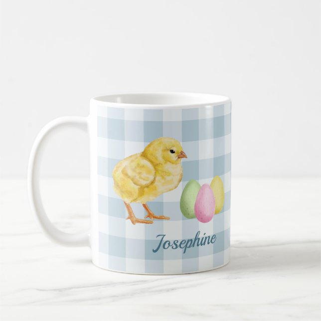 Caneca De Café Aquarela de Frango e Ovos em Azul com Nome (Esquerda)