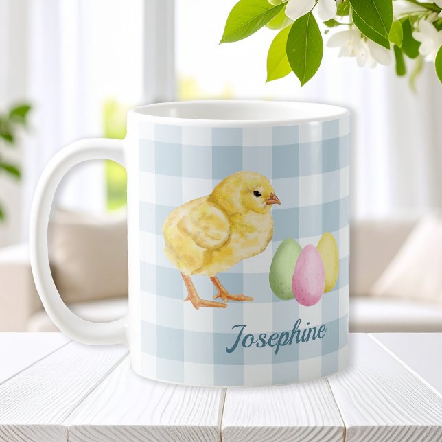 Caneca De Café Aquarela de Frango e Ovos em Azul com Nome (Criador carregado)
