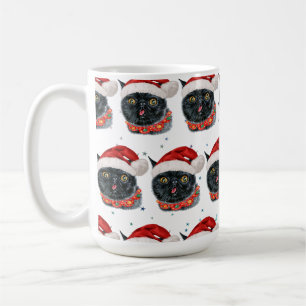 Caneca De Café Aquarela de Gato Preto Natal Divertido