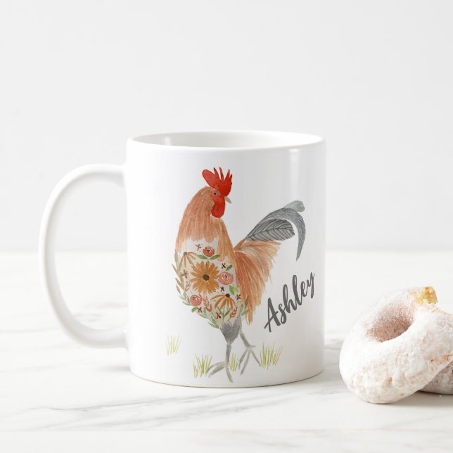 Caneca De Café Aquarela de Mug de Rooster Personalizada (Com Donut)