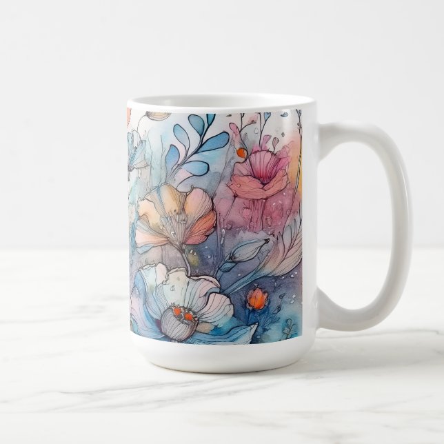Caneca De Café Aquarela de Padrão de Flor (Direita)