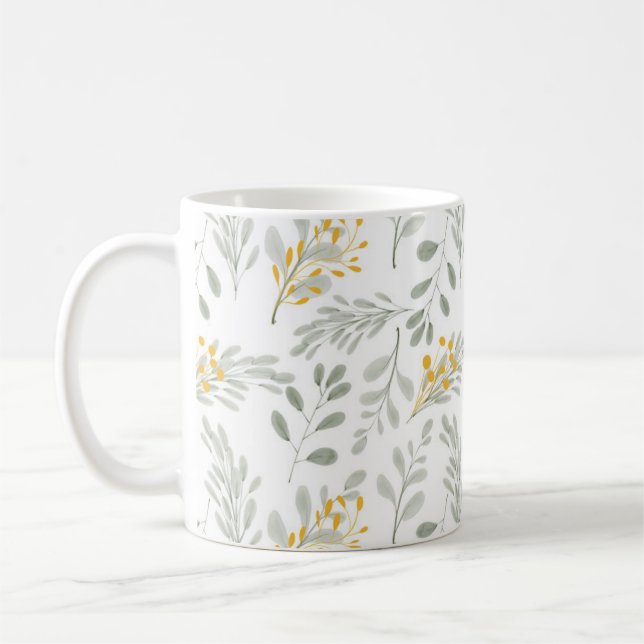 Caneca De Café Aquarela Desenhada à Mão com Folhas de Ouro (Esquerda)