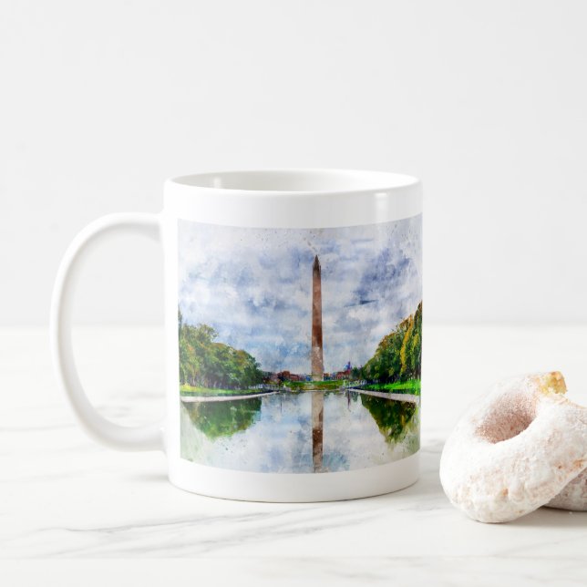Caneca De Café Aquarela do Monumento de Washington com reflexo (Com Donut)