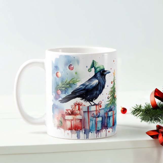 Caneca De Café Aquarela Festiva Crow Christmas Mug (Criador carregado)