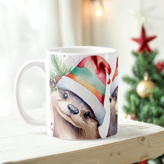 Caneca De Café Aquarela Festiva Otters Natal Mug (Criador carregado)