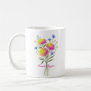 Caneca De Café Aquarela Flor de Nascimento Crisântemo Personaliza