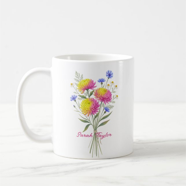 Caneca De Café Aquarela Flor de Nascimento Crisântemo Personaliza (Esquerda)