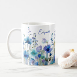 Caneca De Café Aquarela Flor de Nome Personalizado Azul Selvagem