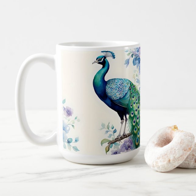 Caneca De Café Aquarela floral de peacock (Com Donut)