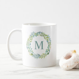 Caneca De Café Aquarela Floral Eucalyptus Wreath MonogramaMug