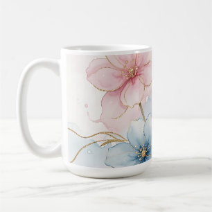 Caneca De Café Aquarela Floral Rosa Azul Elegante