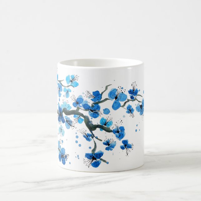 Caneca de Café Aquarela Flores Japonesas Azuis (Centro)