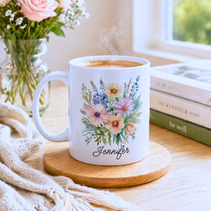 Caneca De Café Aquarela Flores Silvestres Boêmias