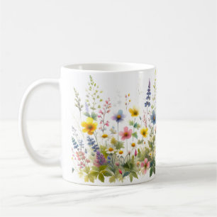 Caneca De Café Aquarela Flores Silvestres Flor Amarela Azul