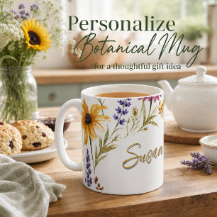 Caneca De Café Aquarela Flores Silvestres Girassol Amarelo Botâni