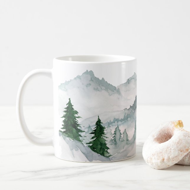 Caneca De Café Aquarela Floresta Paisagem Cerâmica (Com Donut)