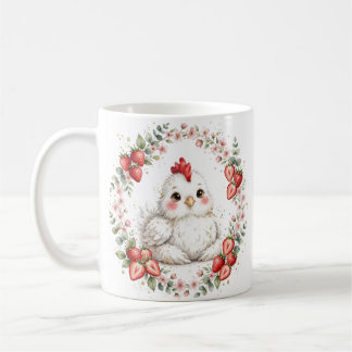 Caneca De Café Aquarela Galinha Branca e Morangos Farmhouse