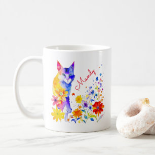 Caneca De Café Aquarela Gato e Flores Personalizado