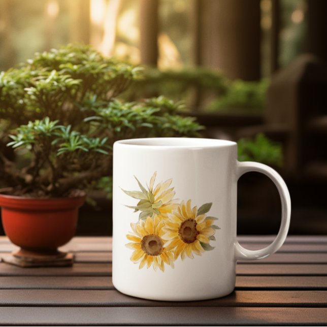 Caneca De Café Aquarela Girassóis (This watercolor sunflower mug is a warm and cheerful addition to any kitchen or desk.)