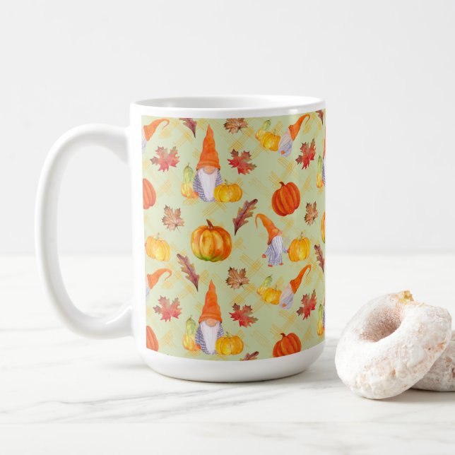 Caneca De Café Aquarela Gnomos de Outono, Abóboras e Folhas (Com Donut)