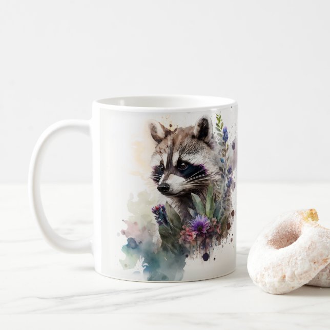 Caneca De Café Aquarela Guaxinim Fofo Flores de Primavera         (Com Donut)