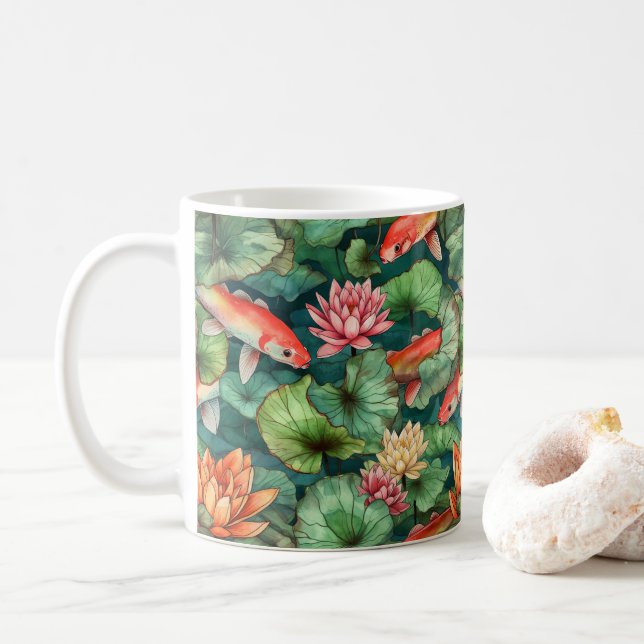 Caneca De Café Aquarela Koi e Água Lírios Mug (Com Donut)