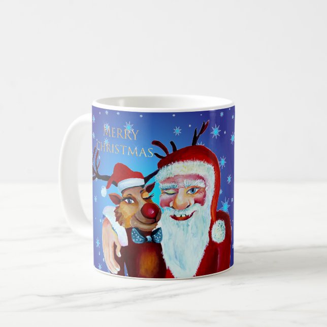 Caneca De Café Aquarela Magical Santa Claus Sorrindo Rudolph (Frente Esquerda)