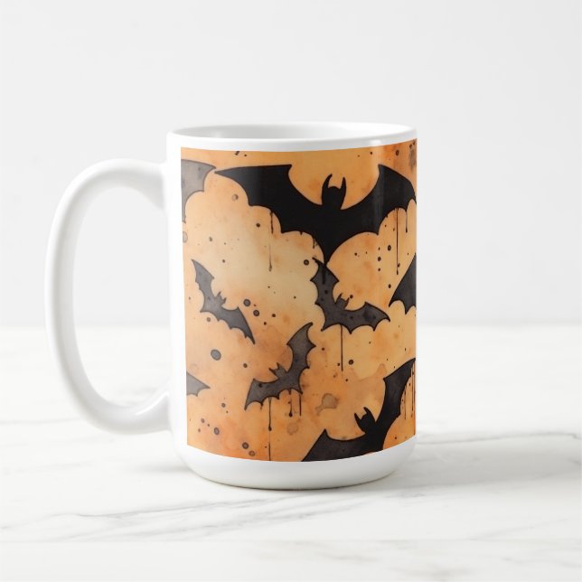 Caneca De Café Aquarela Morcegos Pretos em Laranja (Esquerda)