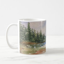 Caneca De Café Aquarela Paisagem Paisagem Água Floresta Azul Verd