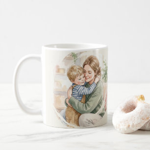 Caneca De Café Aquarela personalizada da mãe abraçando o filho