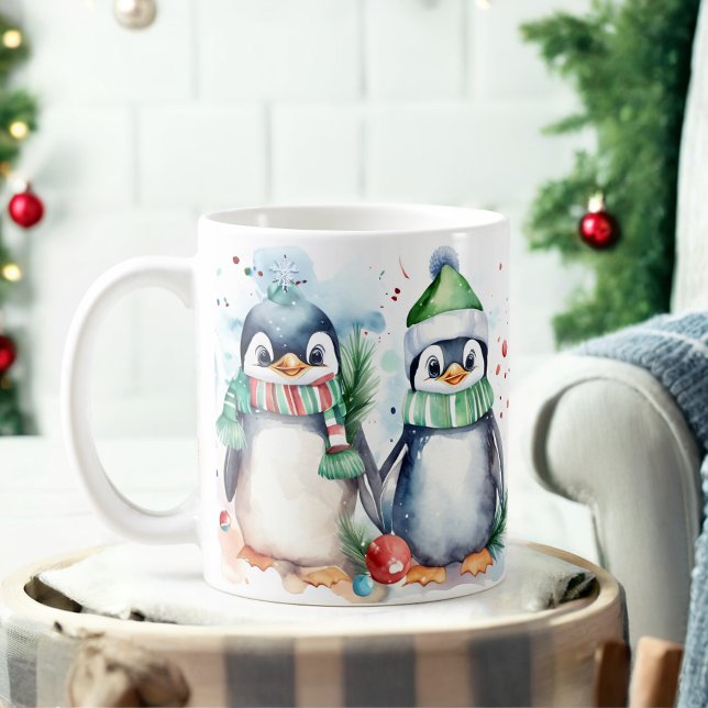 Caneca De Café Aquarela Pinguins Festivos Pinguins de Natal (Criador carregado)