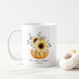 Caneca De Café Aquarela Pumpkin e Casamento outono de Girassóis